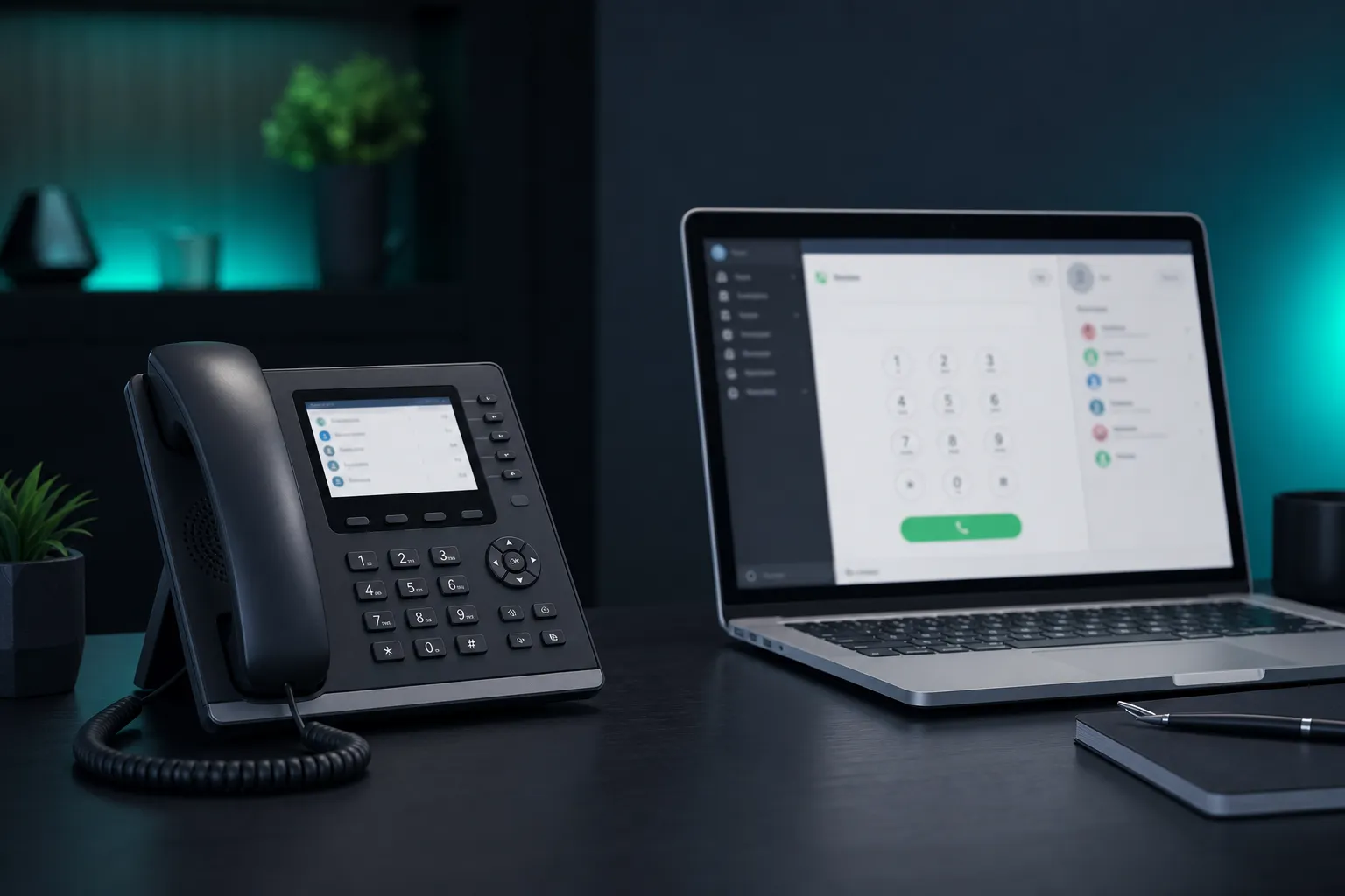 Desk phone beside a laptop softphone on a dark teal-lit workspace