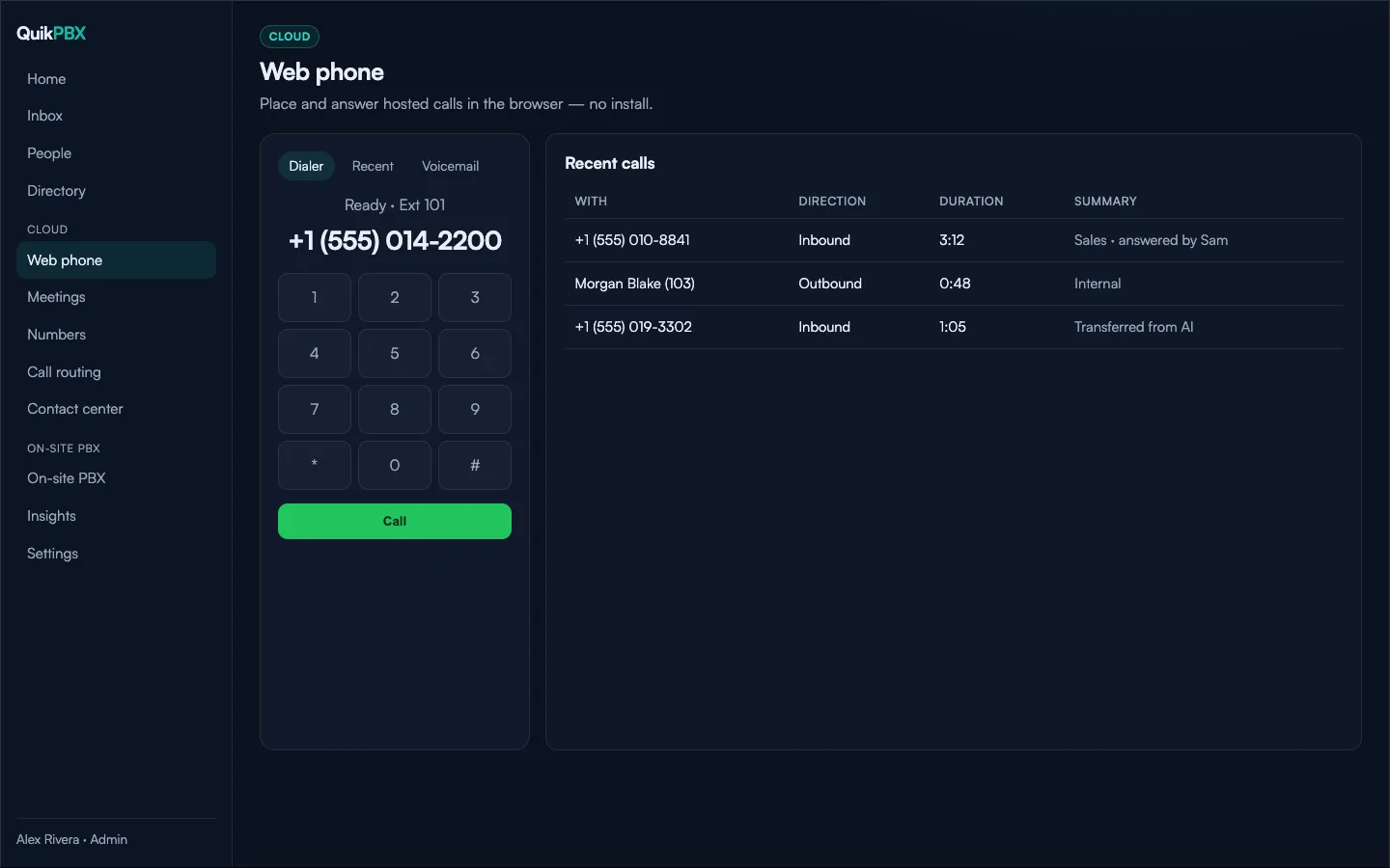 Web phone dialer and recent calls in the QuikPBX portal